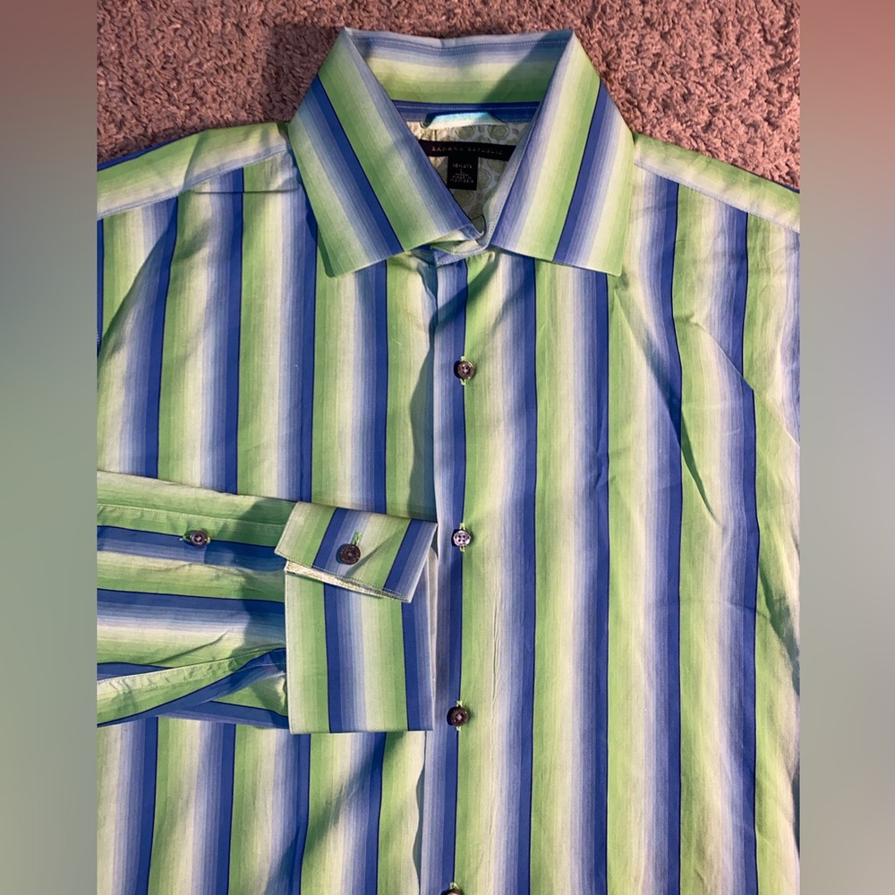 Banana Republic Size Large Button Up Down Beach Green Blue Work Dress 16.5 Shirt